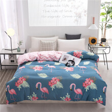 Комплект постельного белья с растительным принтом и изображением фламинго синий с розовым Pink flamingo (двуспальный-евро) оптом (код товара: 60186)