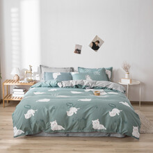 Комплект постельного белья с животным принтом зеленый с серым Cats (двуспальный-евро) оптом (код товара: 60196)