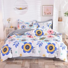 Комплект постельного белья с цветочным принтом белый с синим Flower flurry (двуспальный-евро) (код товара: 60203)