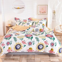 Комплект постельного белья с цветочным принтом белый с желтым Big sunflowers (двуспальный-евро) (код товара: 60205)