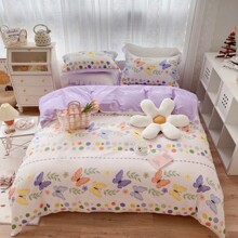 Комплект постельного белья с изображением бабочек белый с фиолетовым Butterflies (двуспальный-евро) (код товара: 60224)