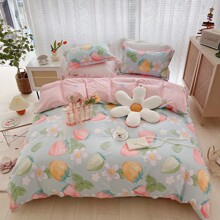Комплект постельного белья с изображением клубники и цветов голубой с розовым Ripe strawberries (двуспальный-евро) (код товара: 60222)
