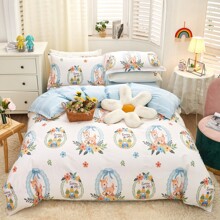 Комплект постельного белья с животным и цветочным принтом белый с голубым Sunny day (двуспальный-евро) оптом (код товара: 60220)