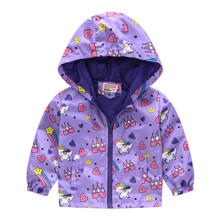 Уценка (дефекты)! Куртка-ветровка для девочки с карманами и принтом единорога фиолетовая Soaring unicor (код товара: 60241)