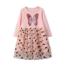 Уценка (дефекты)! Платье для девочки с длинным рукавом и изображением бабочки и звезд розовое Butterfly (код товара: 60274)