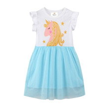 Уценка (дефекты)! Платье для девочки с коротким рукавом и изображением единорога белое с бирюзовым Golden haired unicorn (код товара: 60254)