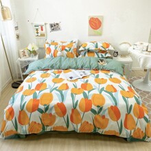 Уценка (дефекты)! Комплект постельного белья с цветочным принтом Оранжевые тюльпаны (двуспальный-евро) (код товара: 60307)