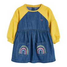 Уценка (дефекты)! Платье для девочки джинсовое с длинным рукавом и изображением радуги синее с желтым Rainbow (код товара: 60358)