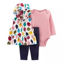 Комплект для девочки 3 в 1: боди c длинным рукавом, штаны и жилетка флисовая розовый с белым Leaves (код товара: 60437)