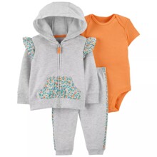 Комплект для девочки 3 в 1: боди c коротким рукавом, штаны и кофта серый с оранжевым Floral wings (код товара: 60436)