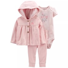 Комплект для девочки 3 в 1: боди c коротким рукавом в полоску, штаны и кофта с капюшоном розовый Princess (код товара: 60432)