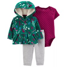 Комплект для девочки 3 в 1 утепленный: боди c коротким рукавом в горох, штаны и кофта с капюшоном зеленый с бордовым Blooming flowers (код товара: 60433)