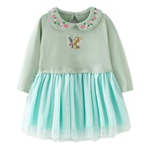 Уценка (дефекты)! Платье для девочки с длинным рукавом и вышивкой зеленое с голубым Brown rabbit (код товара: 60498)