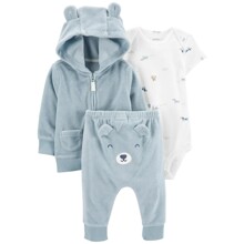 Комплект детский 3 в 1 велюровый: боди c коротким рукавом, штаны и кофта с капюшоном голубой с белым Bear (код товара: 60549)