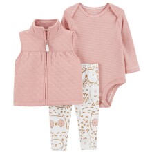 Комплект для девочки 3 в 1: боди c длинным рукавом, штаны и жилетка розовый с белым Owl (код товара: 60545)