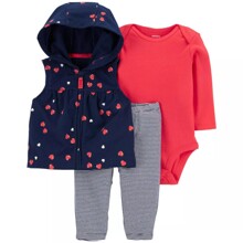 Комплект для девочки 3 в 1: боди c длинным рукавом, штаны и жилетка синий с коралловым Heart (код товара: 60543)