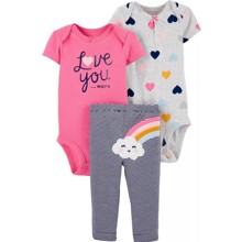 Комплект для девочки 3 в 1: боди c коротким рукавом (2 шт.), штаны розовый с серым Love you (код товара: 60542)