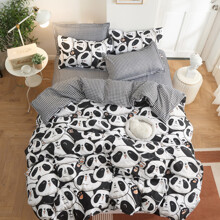 Уценка (дефекты)! Комплект постельного белья в клетку с изображением панды черный с белым Cute panda (полуторный) (код товара: 60569)